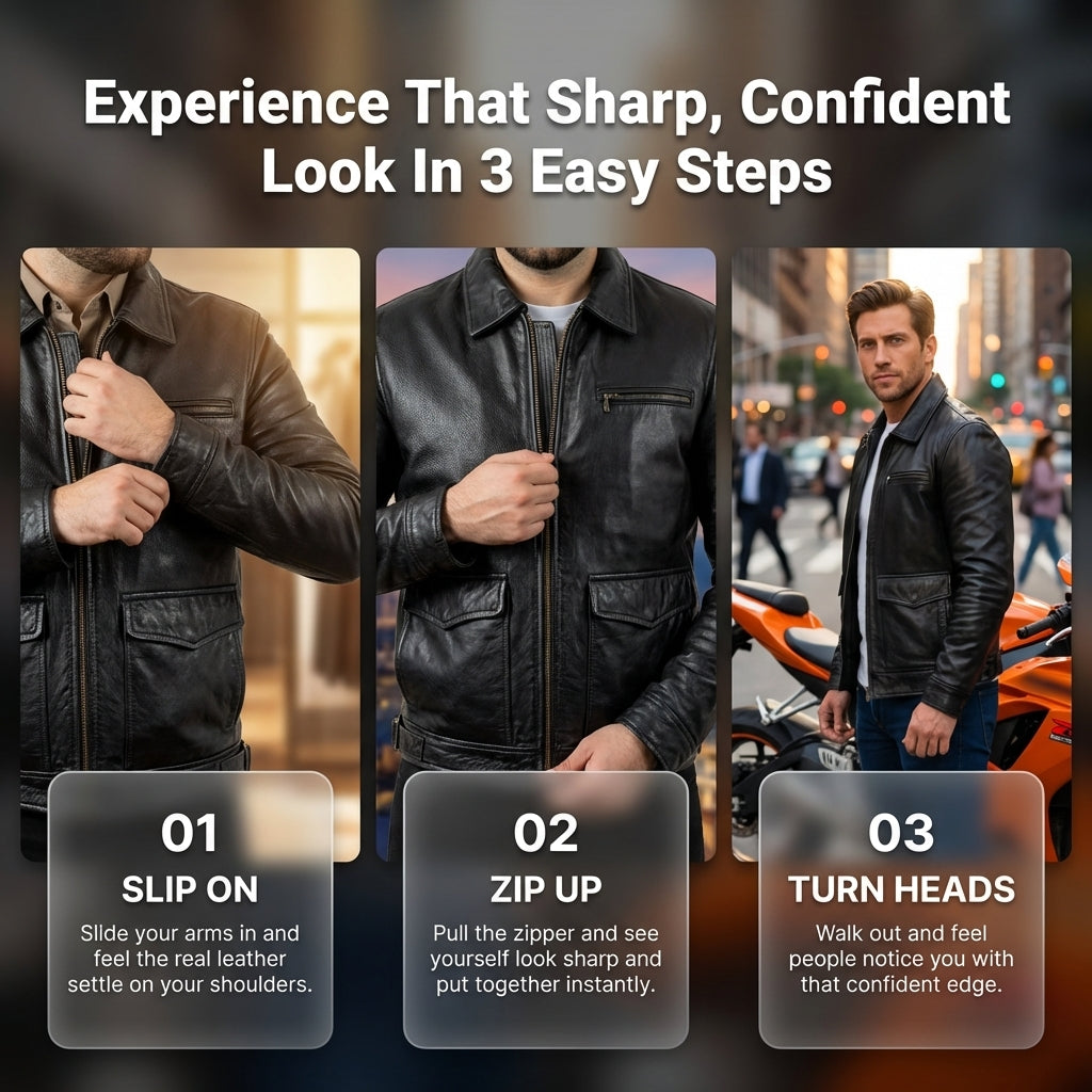 Aviator Styled Mens Leather Jacket With Double Entry Front Pockets