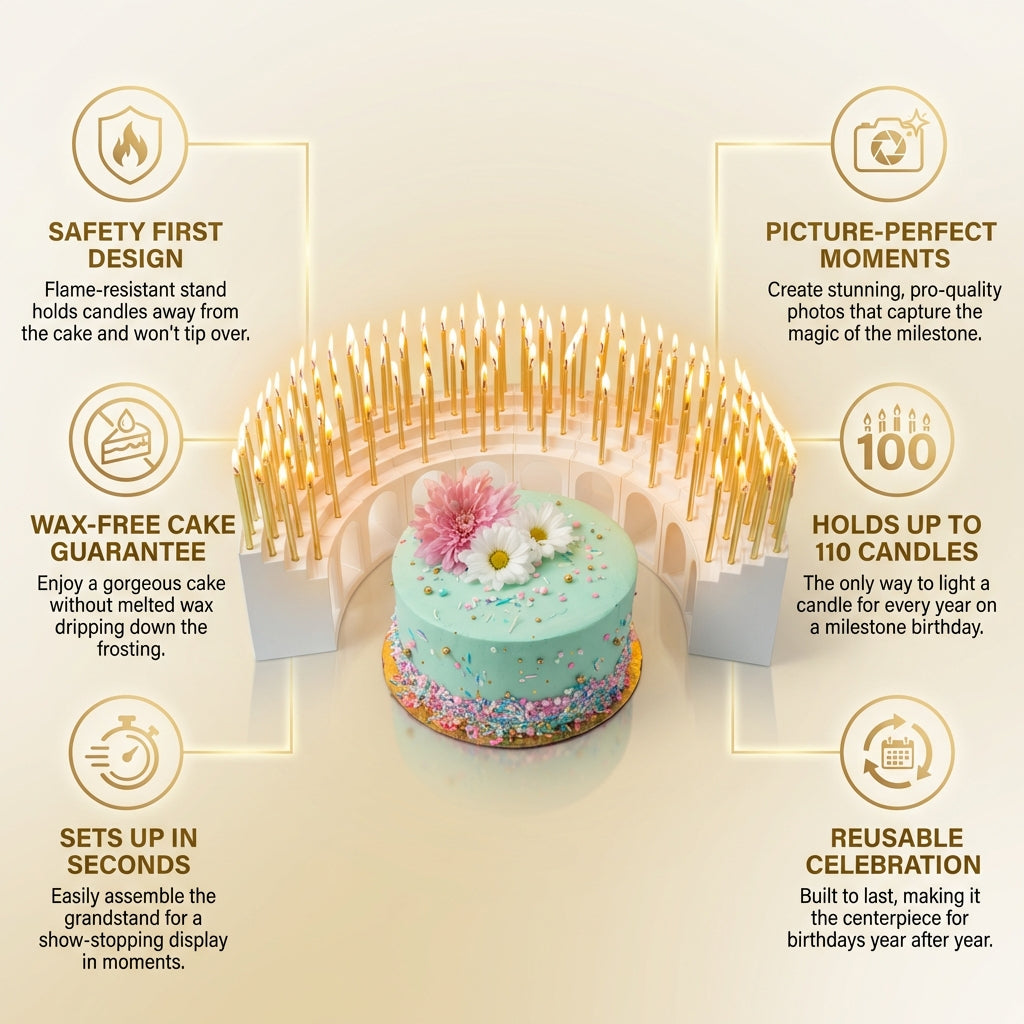 Birthday Grandstand" Modular Birthday Candle Holder for 10 to 110 candles, includes 100 gold candles