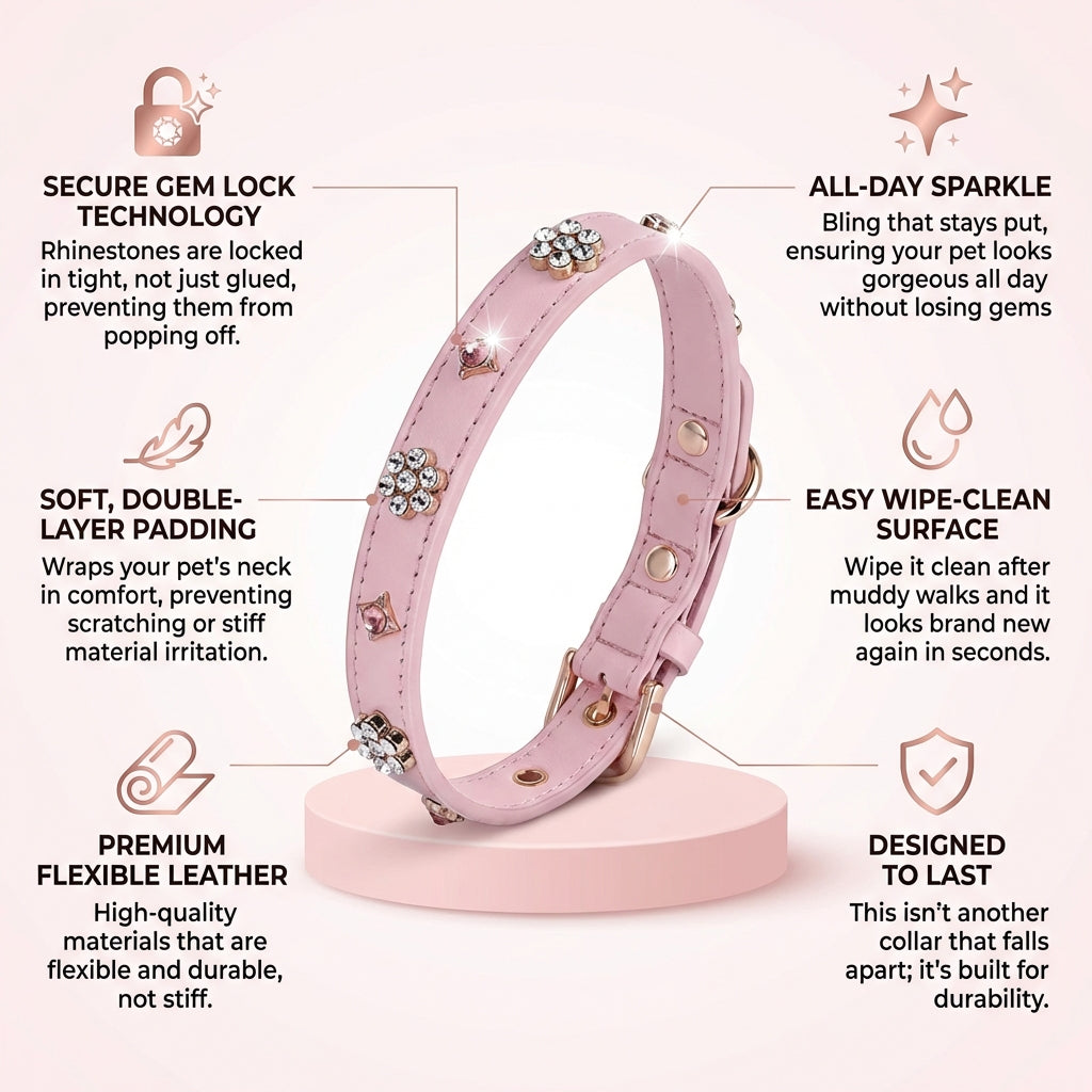 PU Leather Rhinestone Dog Collar - Soft Padded Pink Bling Dog Collar with Diamond Crystals & Metal Flowers for Female Dogs & Cats - Comfortable and Stylish for Walking & Running - M