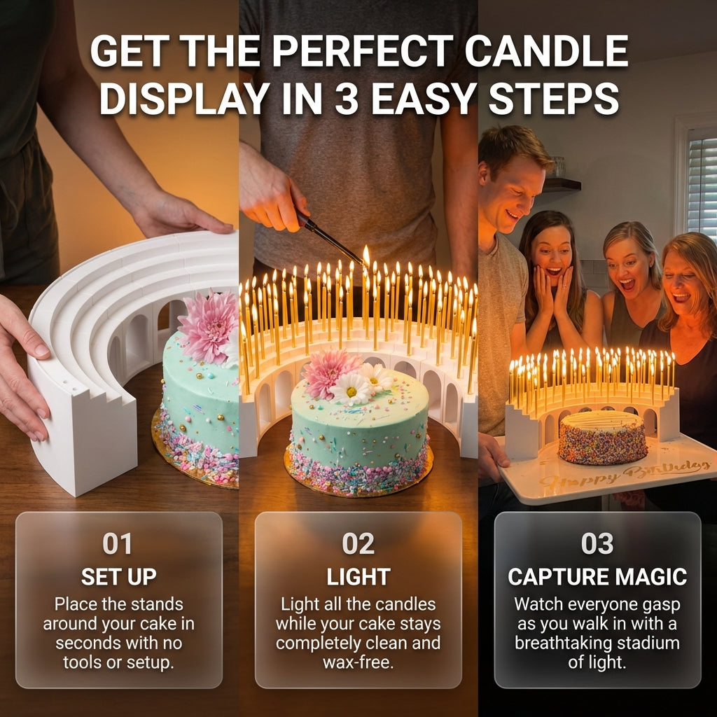 Birthday Grandstand" Modular Birthday Candle Holder for 10 to 110 candles, includes 100 gold candles