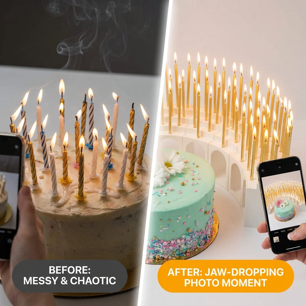 Birthday Grandstand" Modular Birthday Candle Holder for 10 to 110 candles, includes 100 gold candles