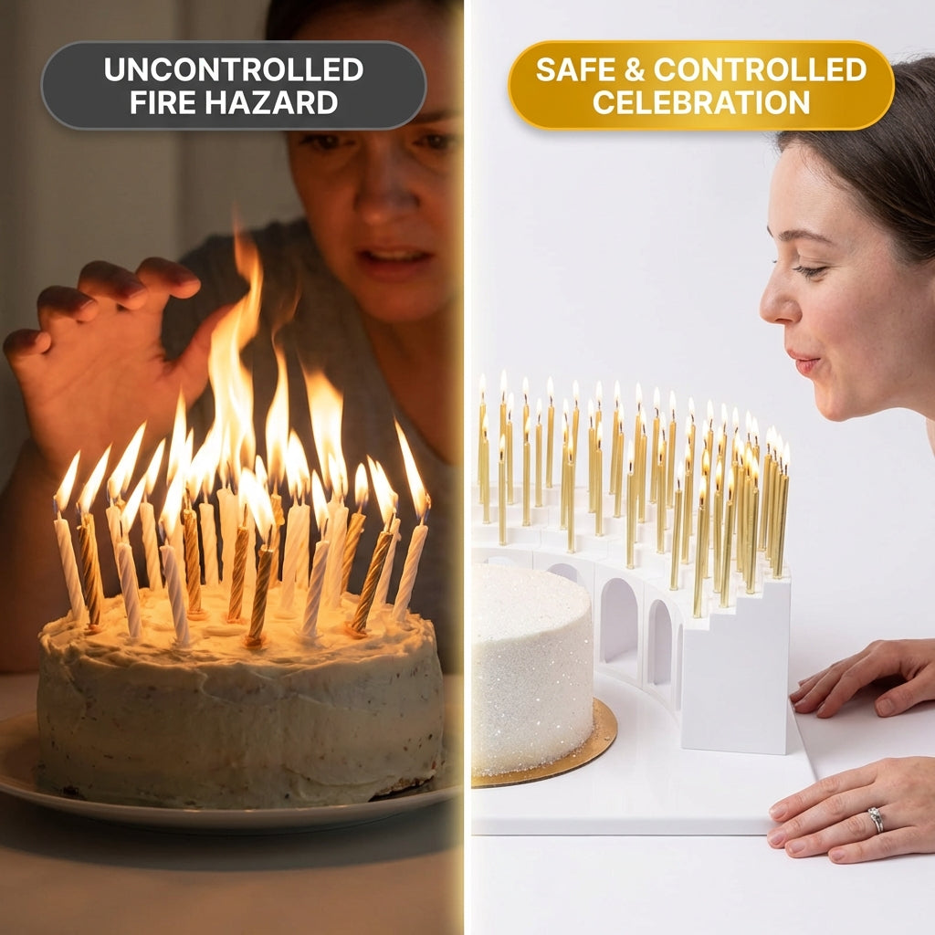 Birthday Grandstand" Modular Birthday Candle Holder for 10 to 110 candles, includes 100 gold candles