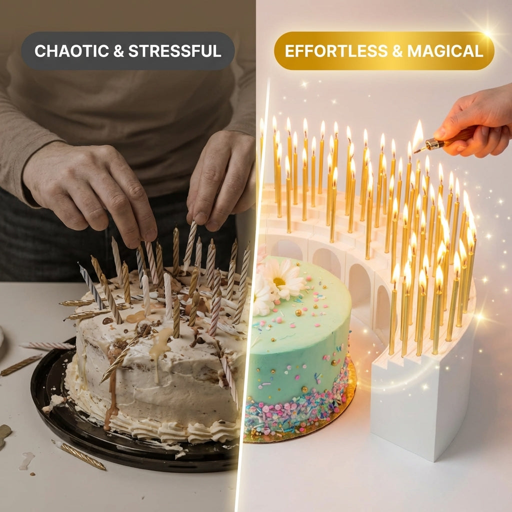 Birthday Grandstand" Modular Birthday Candle Holder for 10 to 110 candles, includes 100 gold candles