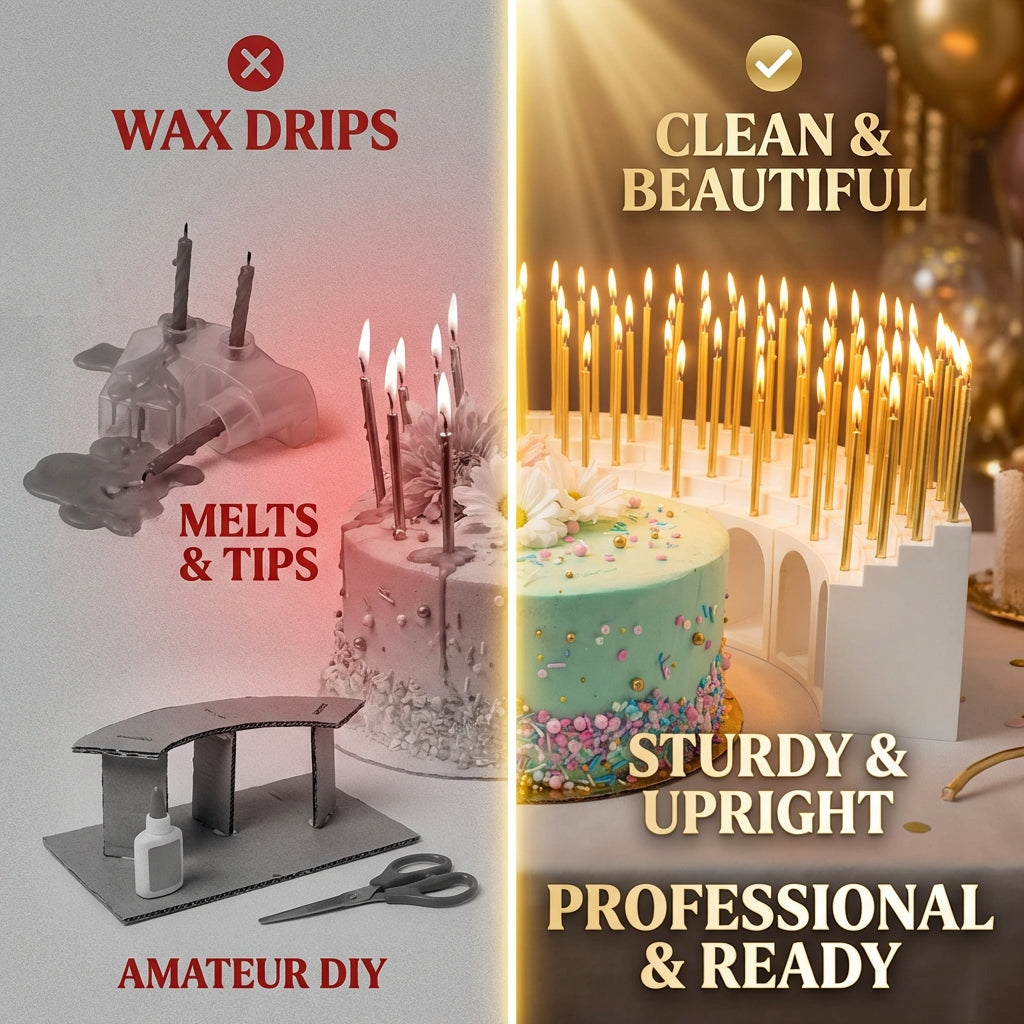 Birthday Grandstand" Modular Birthday Candle Holder for 10 to 110 candles, includes 100 gold candles