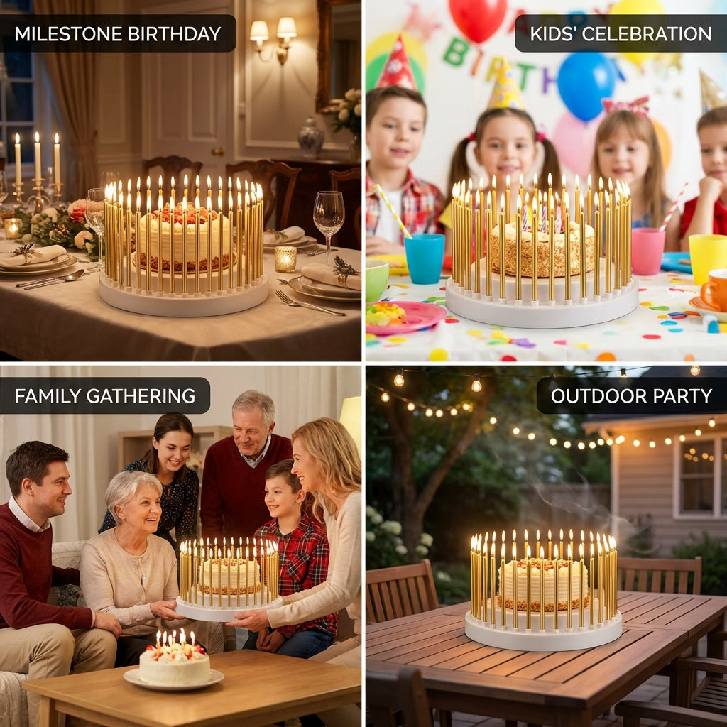Birthday Grandstand" Modular Birthday Candle Holder for 10 to 110 candles, includes 100 gold candles