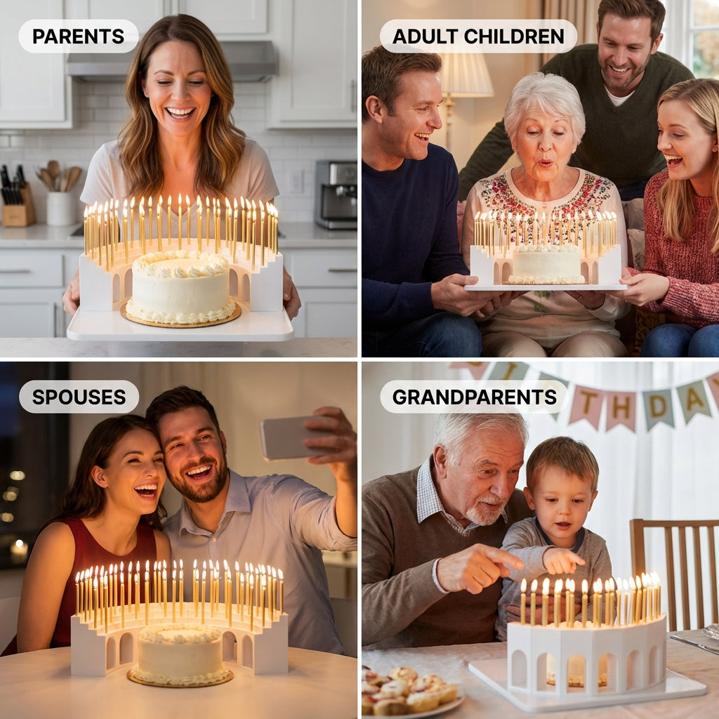 Birthday Grandstand" Modular Birthday Candle Holder for 10 to 110 candles, includes 100 gold candles