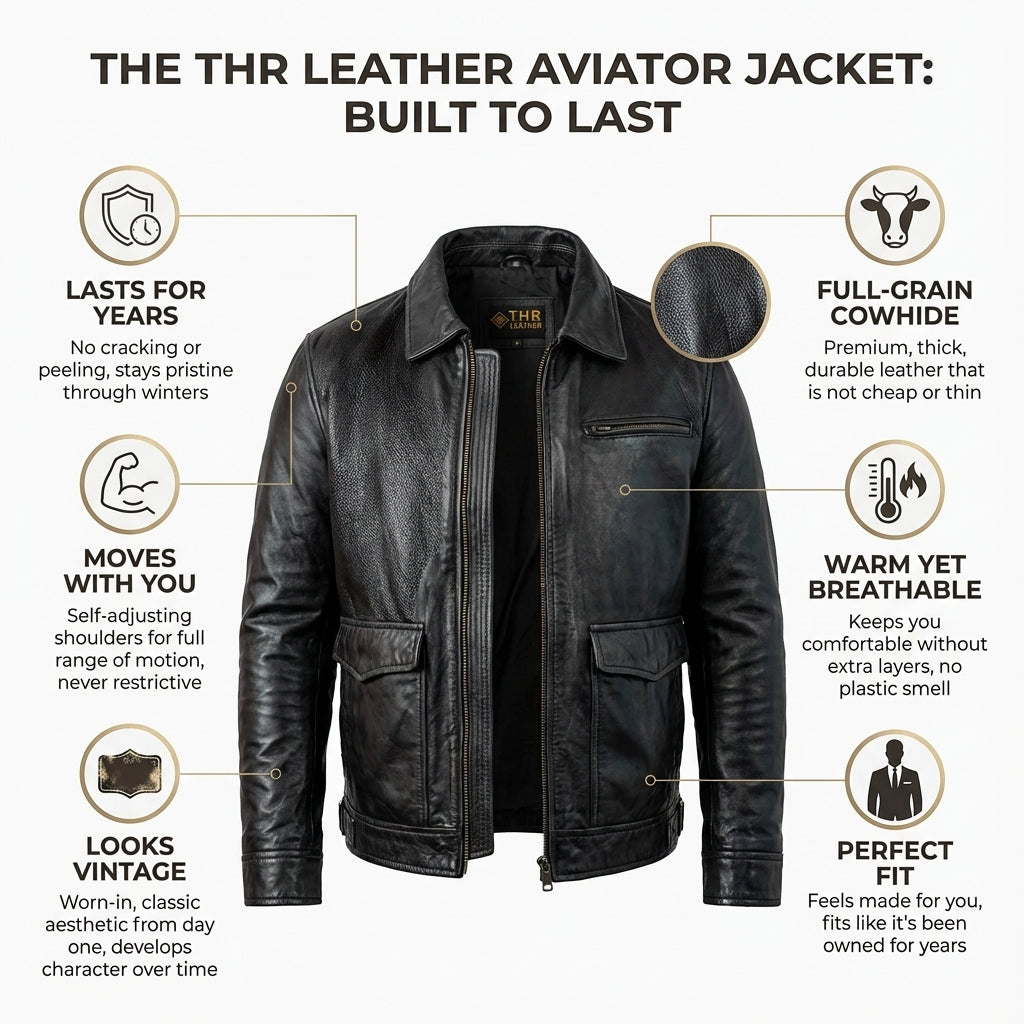 Aviator Styled Mens Leather Jacket With Double Entry Front Pockets